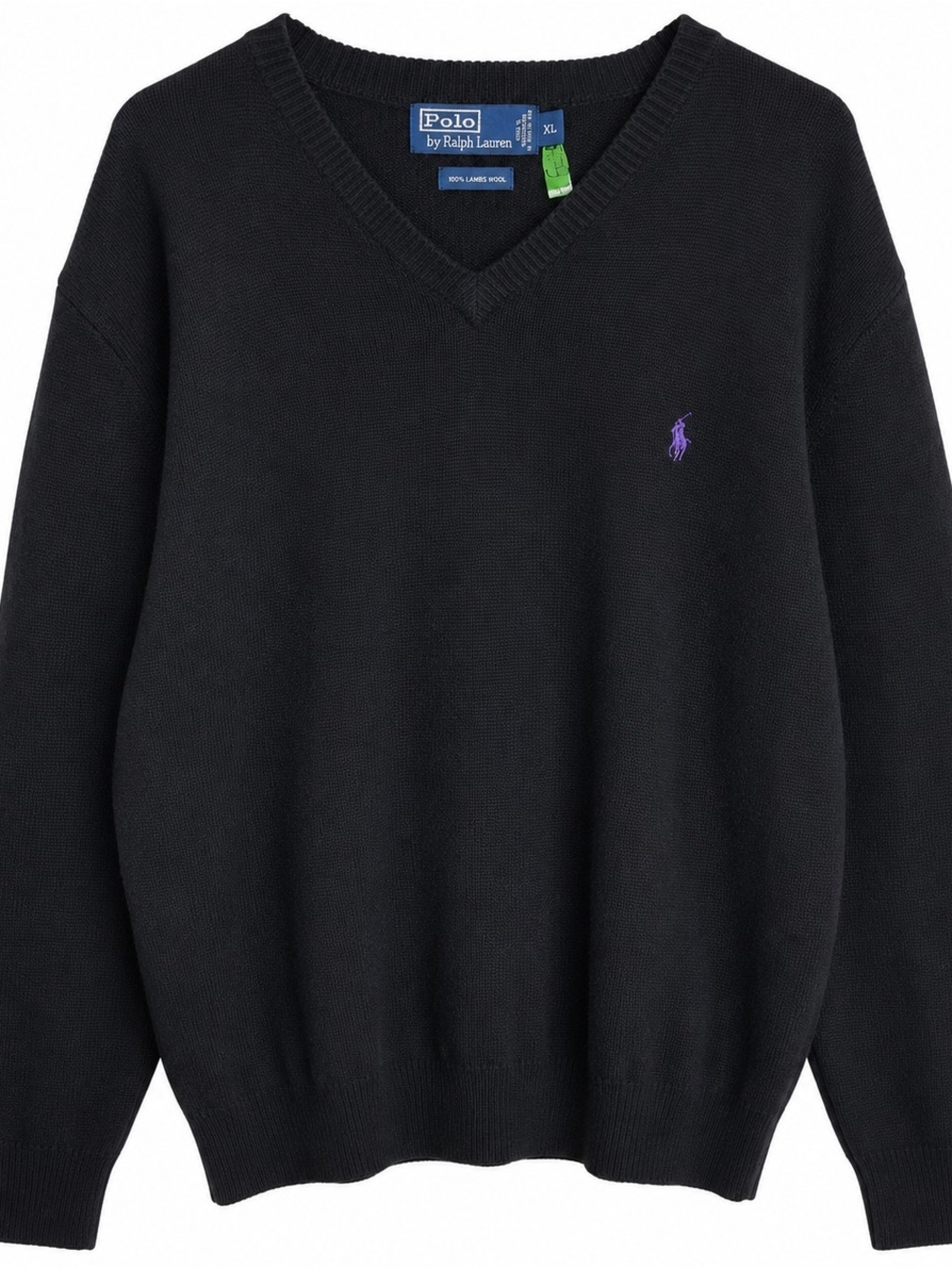 Polo Ralph Lauren 100% Lambswool V Neck Sweater XL Black Purple Pony Preppy - Picture 1 of 4